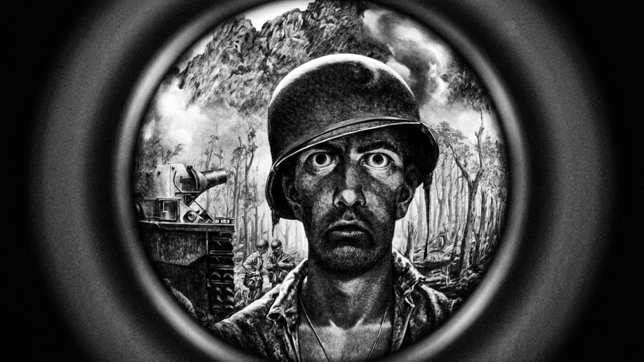 Soldier viewed through rifle scope, black and white war scene