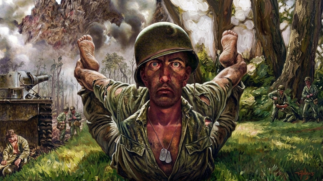 Soldier painting with feet raised, surreal war art