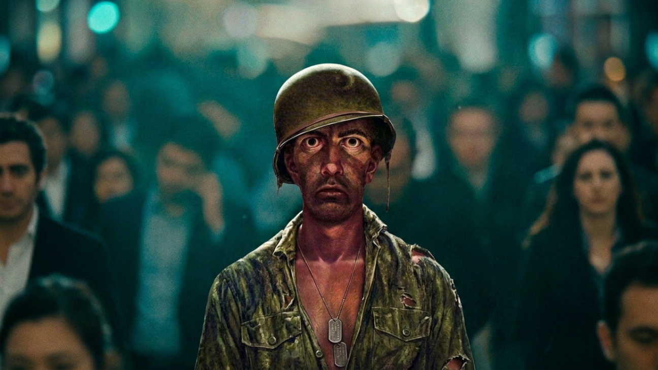 Soldier standing in city crowd, thousand yard stare