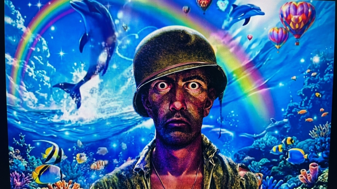 Soldier with psychedelic dolphin rainbow background