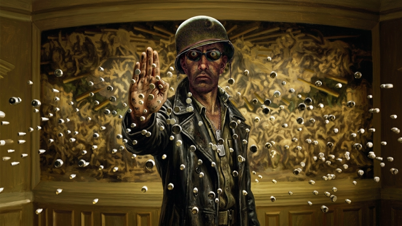 Soldier stopping bullets with hand, war painting background