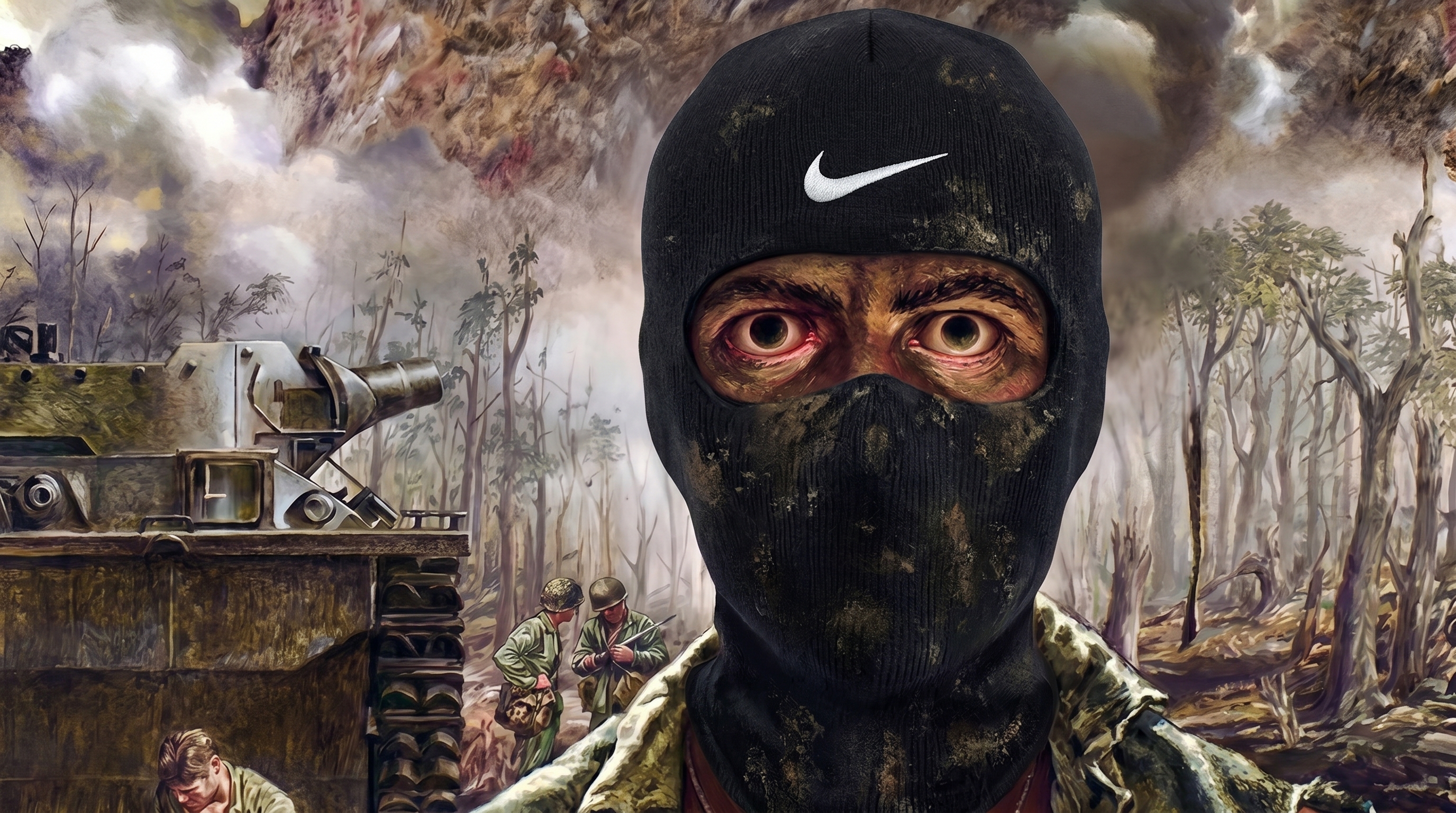 Soldier in Nike balaclava with thousand yard stare, war scene